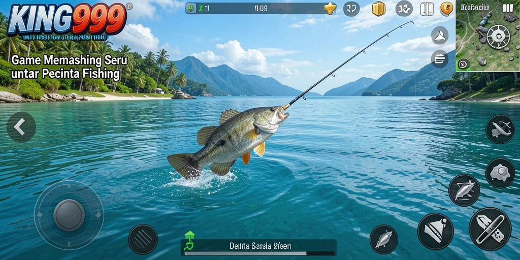 Screenshot KING999 menampilkan pengalaman memancing seru di tepi danau.