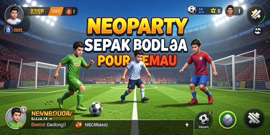 Tangkapan layar utama NEOPARTY menampilkan aksi sepak bola yang mendebarkan.