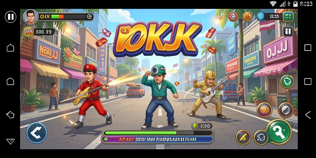 Tampilan menarik dari gameplay Arcade OKJK yang seru dan menyenangkan.