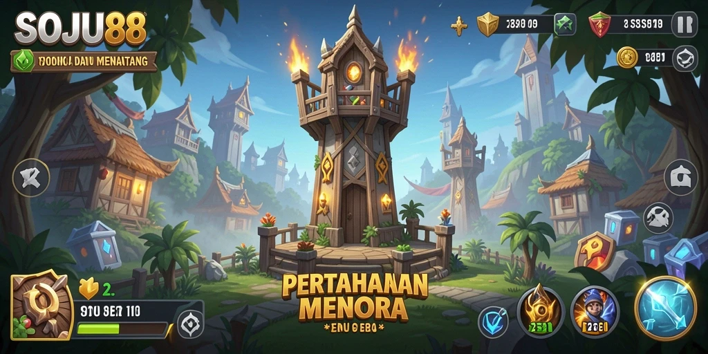 Tangkapan layar gameplay SOJU88 menampilkan serangan menara yang strategis.
