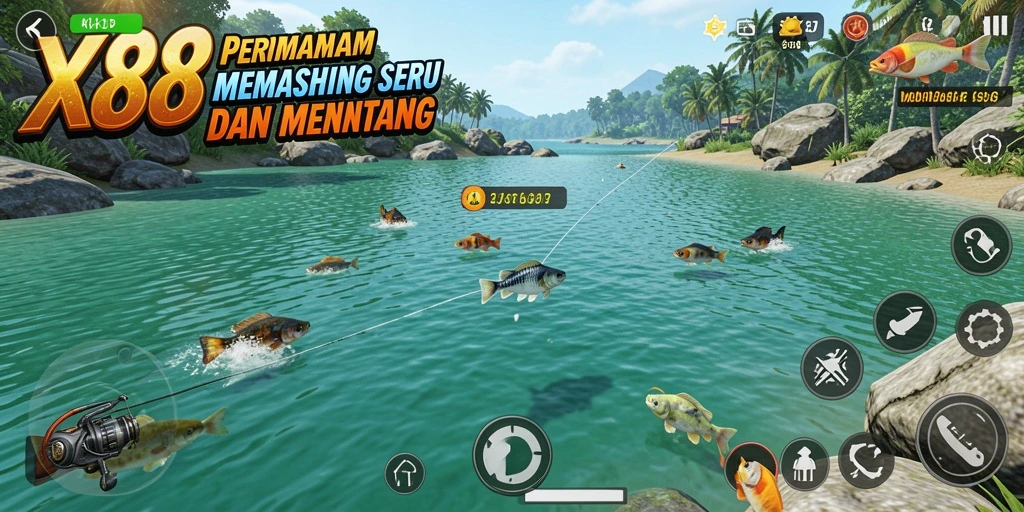 Screenshot gameplay X88 menampilkan momen seru saat menangkap ikan.